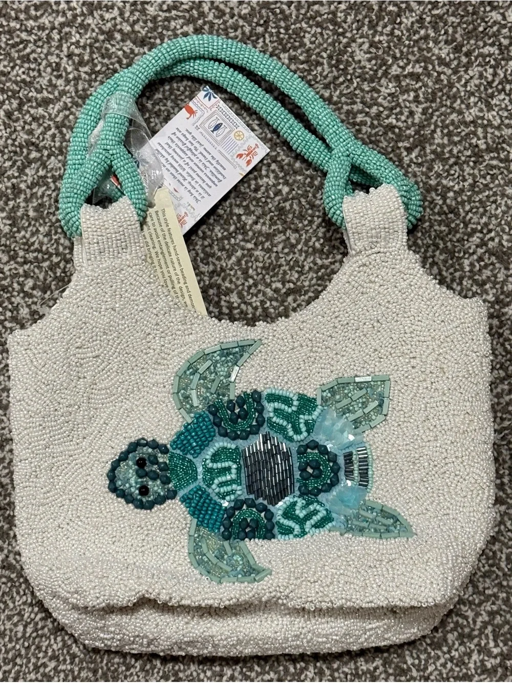 Beaded Sea Turtle Mini Bag in White and Aqua